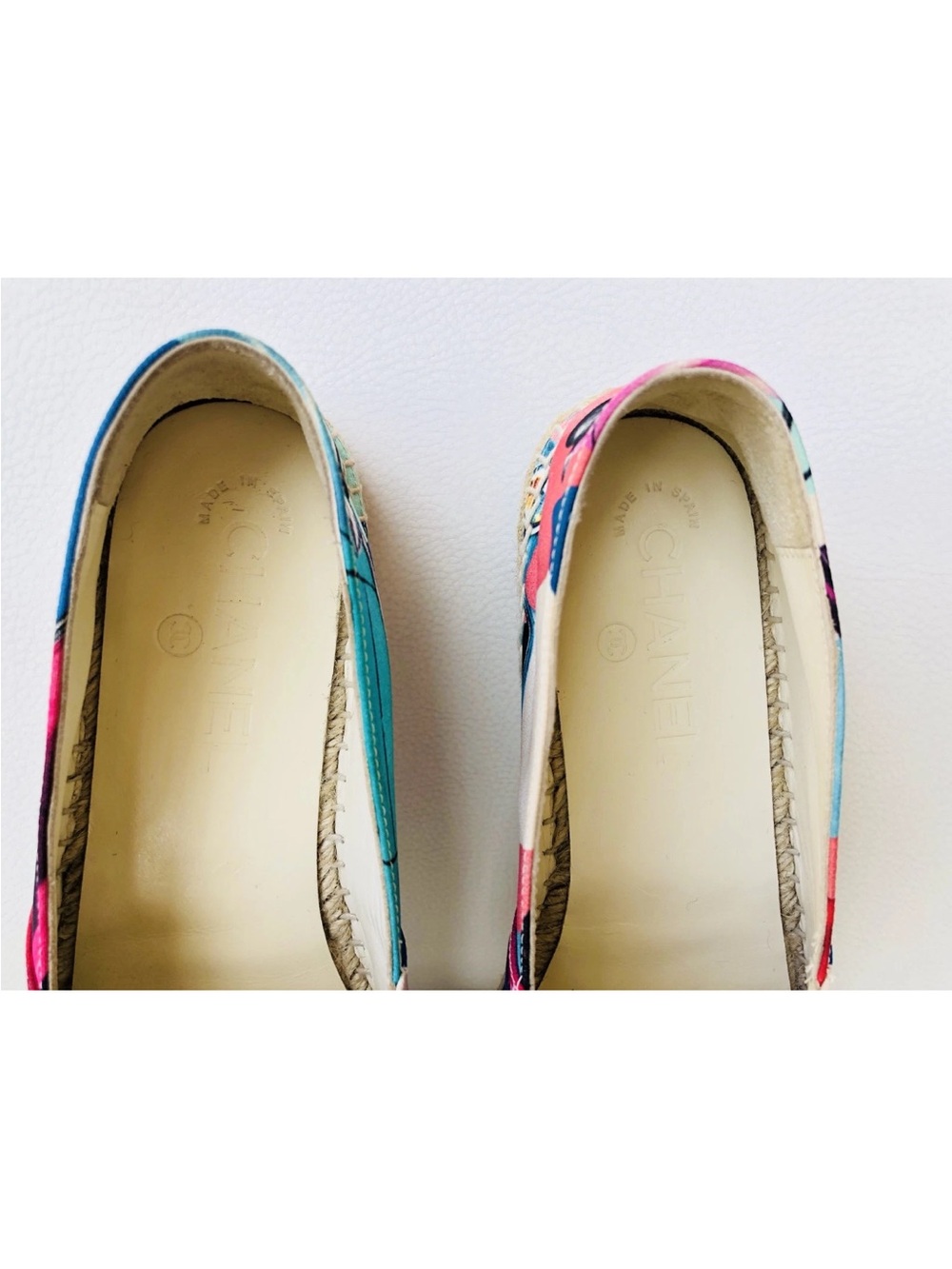 CHANEL MULTICOLOR CANVAS PINK BLACK PATENT LEATHER CAPTOE ESPADRILLE FLATS SZ 37 - Picture 4 of 12